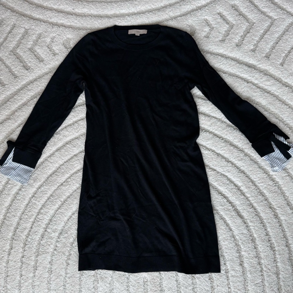 LOFT Black Dress with Striped Cuffs